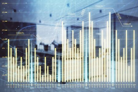 Stock market chart with trading desk bank office interior on background. Double exposure. Concept of financial analysisの写真素材