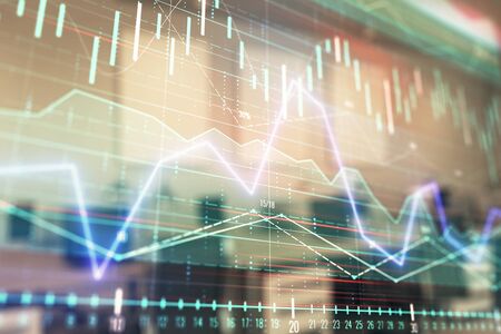 Stock market chart with trading desk bank office interior on background. Double exposure. Concept of financial analysisの写真素材