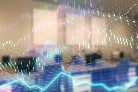 Stock market chart with trading desk bank office interior on background. Double exposure. Concept of financial analysisの写真素材