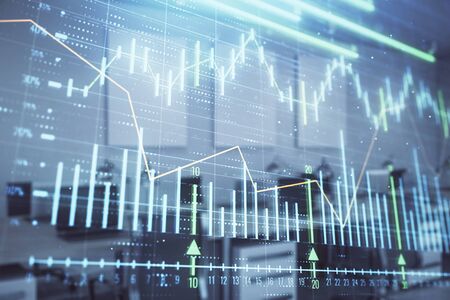 Stock market chart with trading desk bank office interior on background. Double exposure. Concept of financial analysisの写真素材