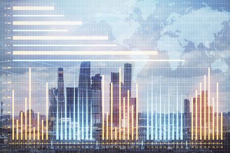 Double exposure of financial graph and world map on city view background. Concept of financial market research and analysisの写真素材