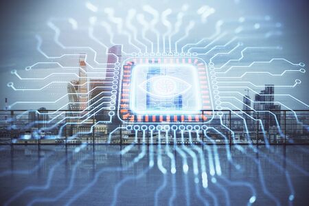 Technology theme hologram with city view from roof background. Double exposure.の写真素材