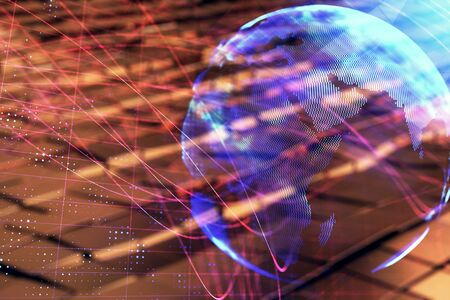 Globe hologram and abstract background. Double exposure. Concept of international business.の写真素材