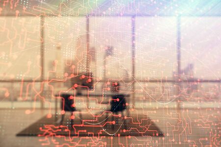 Tech theme abstract hologram and minimalistic cabinet interior background. Double exposure. High technology concept.の写真素材