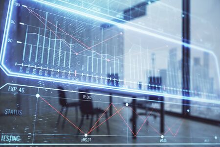 Business theme hologram with minimalistic cabinet background. Double exposure.の写真素材