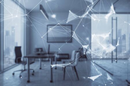 Tech theme abstract hologram and minimalistic cabinet interior background. Double exposure. High technology concept.の写真素材