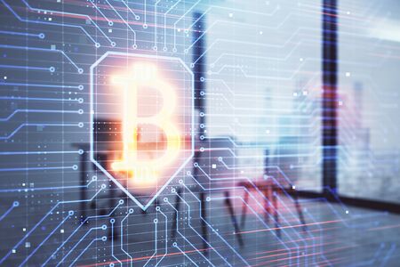 Bitcoin sign hologram with minimalistic cabinet background. Double exposure. Cryptocurrency concept.の写真素材