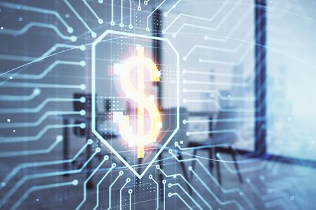 Business theme hologram with minimalistic cabinet background. Double exposure.の写真素材