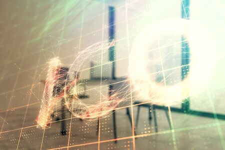 Bitcoin sign hologram with minimalistic cabinet background. Double exposure. Cryptocurrency concept.の写真素材