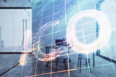 Bitcoin sign hologram with minimalistic cabinet background. Double exposure. Cryptocurrency concept.の写真素材