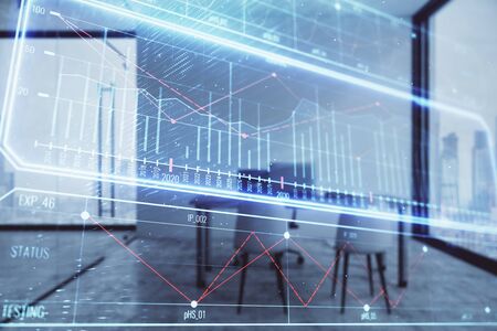 Business theme hologram with minimalistic cabinet background. Double exposure.の写真素材