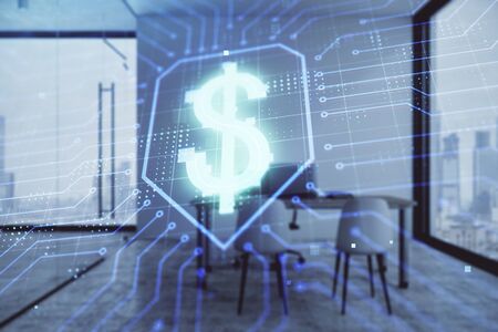 Business theme hologram with minimalistic cabinet background. Double exposure.の写真素材