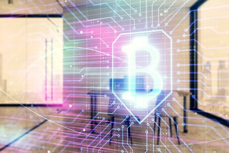 Bitcoin sign hologram with minimalistic cabinet background. Double exposure. Cryptocurrency concept.の写真素材