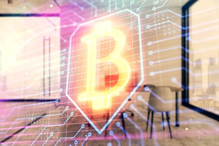 Bitcoin sign hologram with minimalistic cabinet background. Double exposure. Cryptocurrency concept.の写真素材