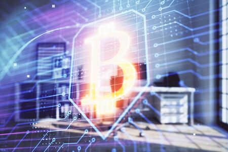 Bitcoin sign hologram with minimalistic cabinet background. Double exposure. Cryptocurrency concept.の写真素材
