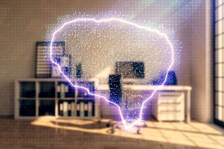 Brain sign hologram with minimalistic cabinet background. Double exposure. Ai concept.の写真素材