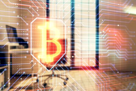 Bitcoin sign hologram with minimalistic cabinet background. Double exposure. Cryptocurrency concept.の写真素材