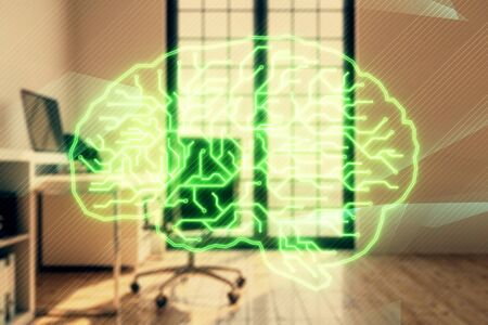 Brain sign hologram with minimalistic cabinet background. Double exposure. Ai concept.の写真素材