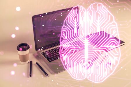 Brain sketch hologram with desktop office background. Double exposure. Brainstorm concept.の写真素材