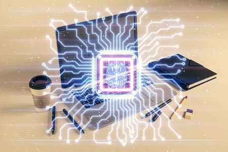 Brain sketch hologram with desktop office background. Double exposure. Brainstorm concept.の写真素材