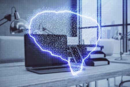 Brain sketch hologram with desktop office background. Double exposure. Brainstorm concept.の写真素材