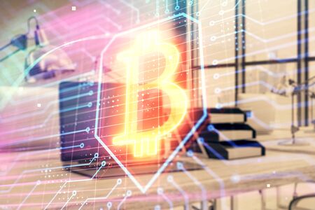 Blockchain theme hologram with desktop office background. Double exposure. Crypto business concept.の写真素材