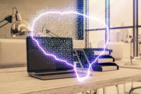 Brain sketch hologram with desktop office background. Double exposure. Brainstorm concept.の写真素材