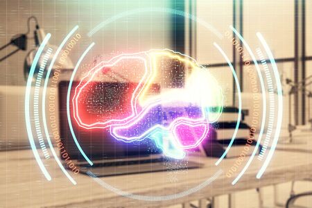 Brain sketch hologram with desktop office background. Double exposure. Brainstorm concept.の写真素材