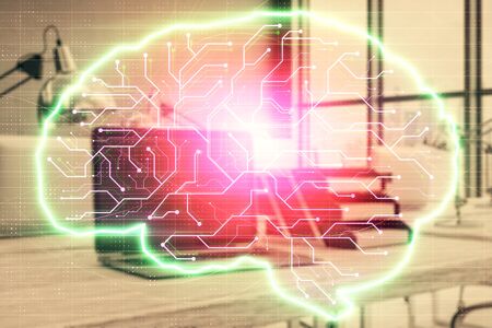 Brain sketch hologram with desktop office background. Double exposure. Brainstorm concept.の写真素材