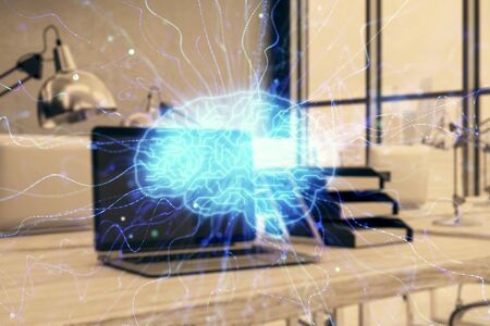 Brain sketch hologram with desktop office background. Double exposure. Brainstorm concept.の写真素材