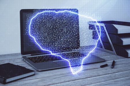 Brain sketch hologram with desktop office background. Double exposure. Brainstorm concept.の写真素材