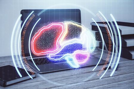 Brain sketch hologram with desktop office background. Double exposure. Brainstorm concept.の写真素材