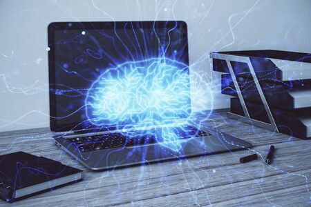 Brain sketch hologram with desktop office background. Double exposure. Brainstorm concept.の写真素材
