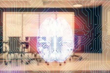 Double exposure of brain drawing hologram on conference room background. Concept of data analysisの写真素材