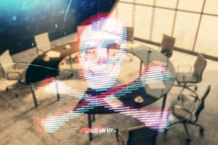 Double exposure of hacking theme hologram on conference room background. Concept of cyberpiracy