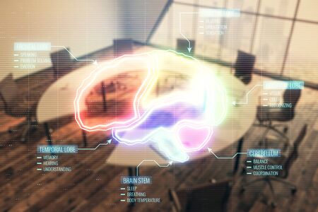 Double exposure of brain drawing on conference room background. Concept of educationの写真素材