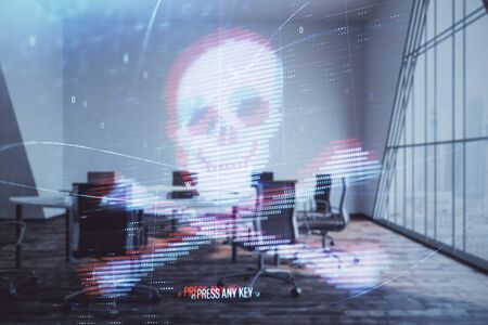 Double exposure of hacking theme hologram on conference room background. Concept of cyberpiracyの写真素材