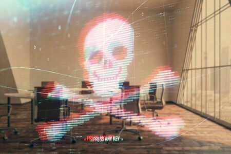 Double exposure of hacking theme hologram on conference room background. Concept of cyberpiracyの写真素材