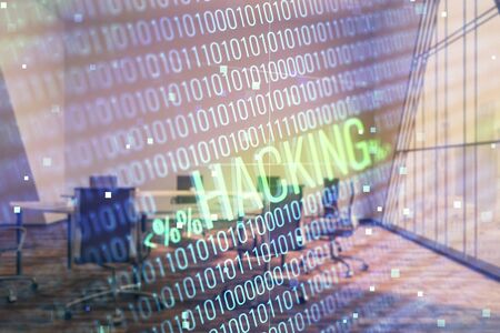 Double exposure of hacking theme hologram on conference room background. Concept of cyberpiracyの写真素材