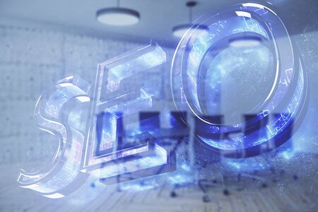 Double exposure of seo hologram on conference room background. Concept of search optimizationの写真素材