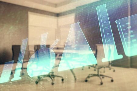 Double exposure of flasks drawing on conference room background. Concept of educationの写真素材