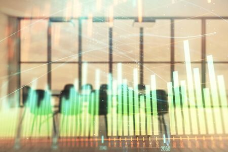 Multi exposure of stock market graph on conference room background. Concept of financial analysisの写真素材