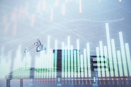 Stock market chart and desktop office computer background. Multi exposure. Concept of financial analysis.の写真素材