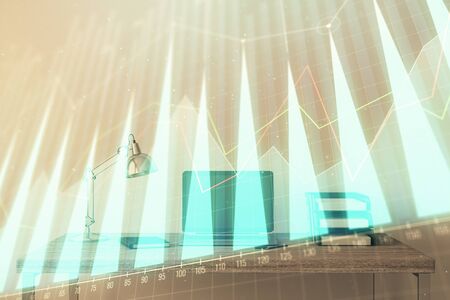 Stock market chart and desktop office computer background. Multi exposure. Concept of financial analysis.の写真素材