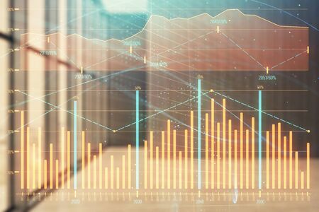 Double exposure of financial graph on empty room interior background. Forex market concept.の写真素材