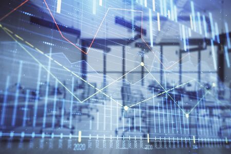 Stock and bond market graph with trading desk bank office interior on background. Multi exposure. Concept of financial analysisの写真素材