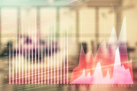 Stock and bond market graph with trading desk bank office interior on background. Multi exposure. Concept of financial analysisの写真素材