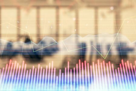 Stock and bond market graph with trading desk bank office interior on background. Multi exposure. Concept of financial analysisの写真素材