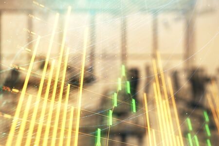 Stock and bond market graph with trading desk bank office interior on background. Multi exposure. Concept of financial analysisの写真素材