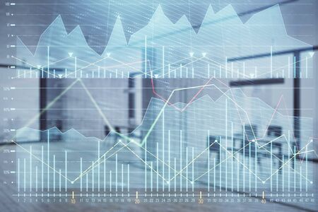 Stock and bond market graph with trading desk bank office interior on background. Multi exposure. Concept of financial analysisの写真素材